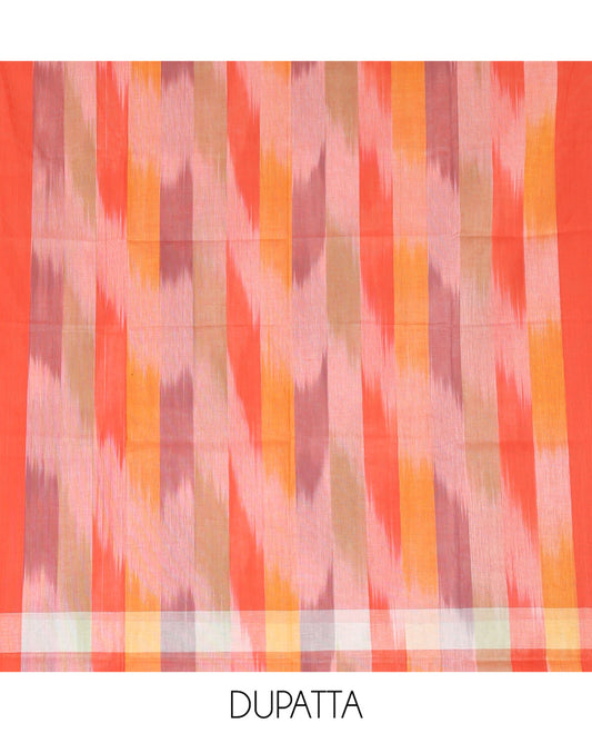 Tomota Red Material Chudidhar Set Featuring Delicately Ikkat Woven Handloom Cotton Top, Plain Cotton Bottom, and Handloom Cotton Ikkat Textured Dupatta