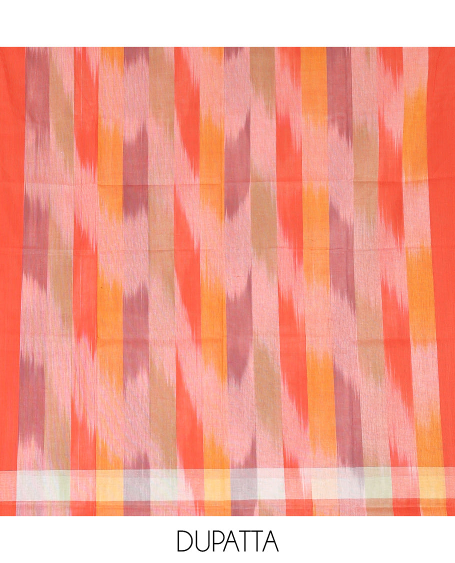 Tomota Red Material Chudidhar Set Featuring Delicately Ikkat Woven Handloom Cotton Top, Plain Cotton Bottom, and Handloom Cotton Ikkat Textured Dupatta