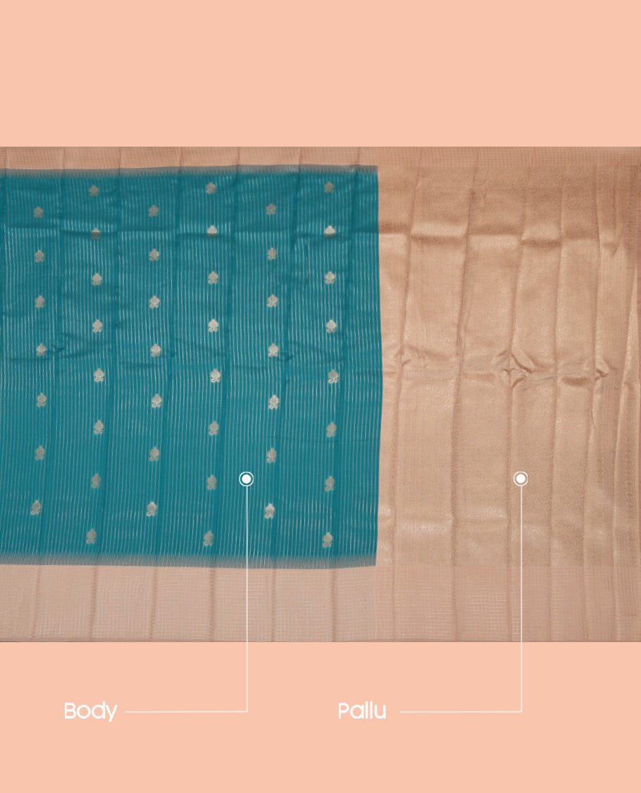 Blue Litchi Saree, Prettified with Zari Buttas and Stripes, a Contrast Zari Checked Border, Grand Pallu, and a Contrast Blouse
