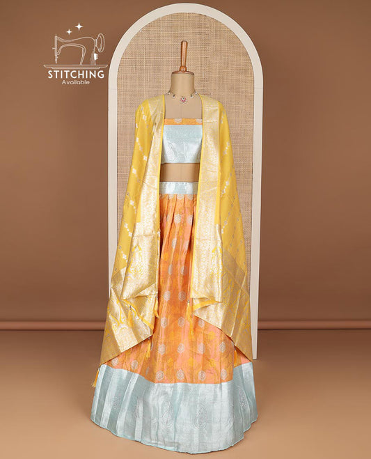 Orange floral zari design tissue half saree with contrast zari design border, zari design blouse & floral zari design dhavani