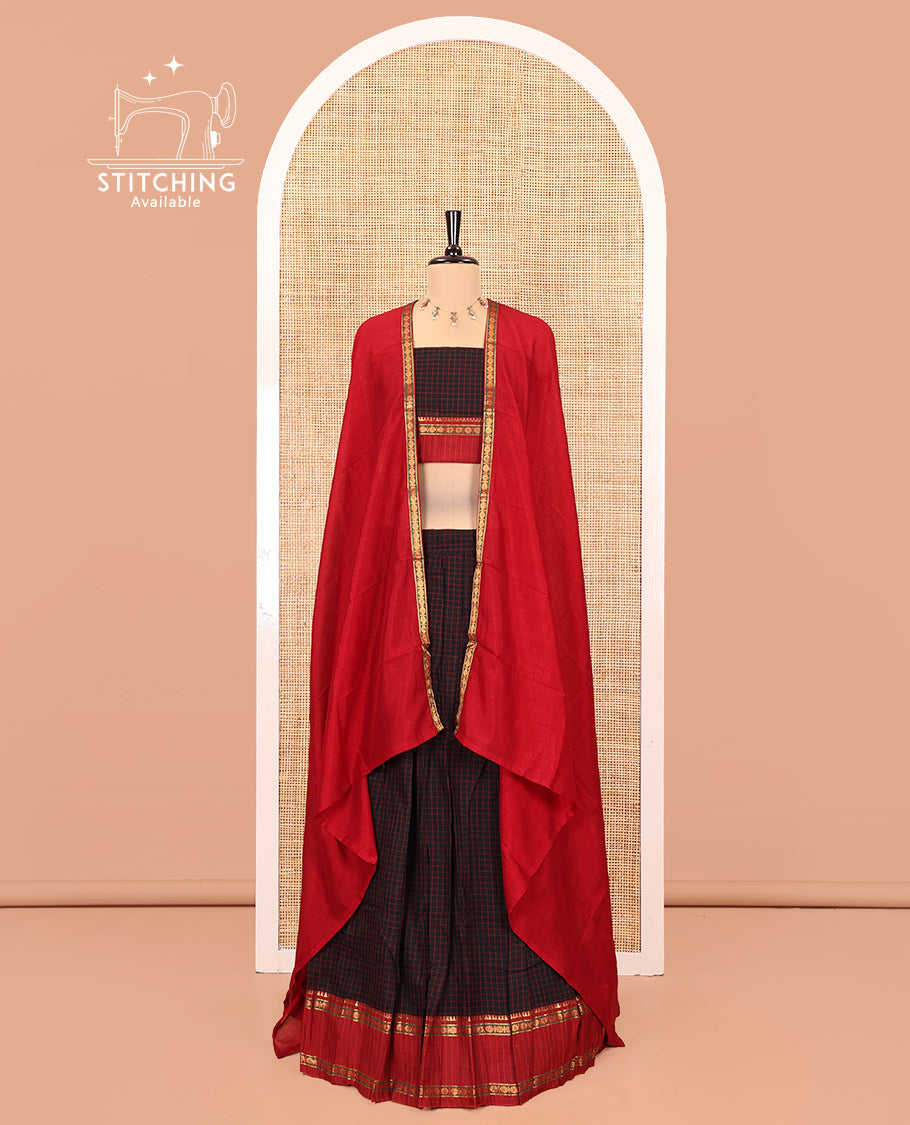 Black-Red Mercerised Cotton Saree Features a Checked Skirt, Contrast Temple-Rudraksham Rettai Pettu Border, a Matching Blouse, and Contrast Vichitra Silk Dhavani