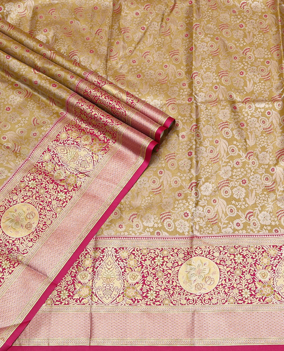 Gold Art Silk Material Half Saree, Ornamented with Jacquard Skirt, a Contrast Meenakari Border, Contrast Blouse, and an Intricate Dhavani