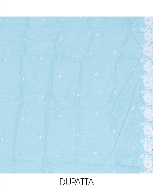 Sea Blue Mul Chanderi Material Churidar with Delicate Floral Embroidered Top, a Plain Bottom, and Scallop Embroidered Dupatta