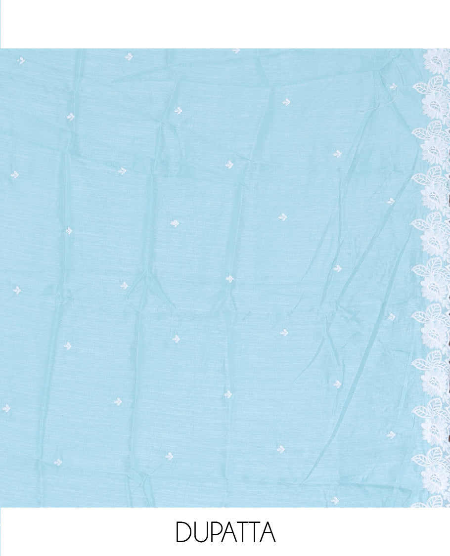 Sea Blue Mul Chanderi Material Churidar with Delicate Floral Embroidered Top, a Plain Bottom, and Scallop Embroidered Dupatta