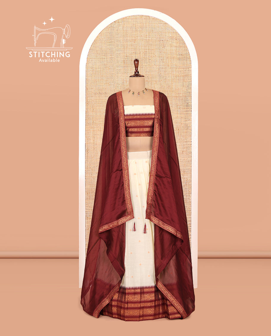 Sandal-Maroon Banaras Kota Half-Saree, Zari Buttas Skirt, Contrast Traditional Border, Matching Blouse, Contrast Dhavani