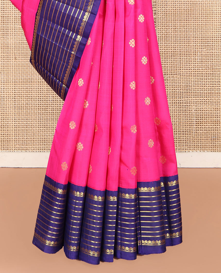 Pink Kanchipuram Silk Saree, Decked Up with Zari Buttas on Its Body, Complemented by a Contrast One-Sided Korvai Border of Thilakam Mokku, and Banaras Designs, Pallu Steeped with Kamalam Zari Designs, and Comes Without a Blouse