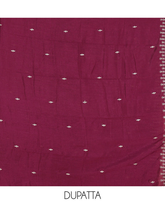 Wine Vichitra Silk Material Chudiddar, Embroidered Top, Plain Bottom, Scallop Embroidered Dupatta