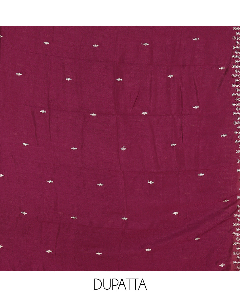 Wine Vichitra Silk Material Chudiddar, Embroidered Top, Plain Bottom, Scallop Embroidered Dupatta