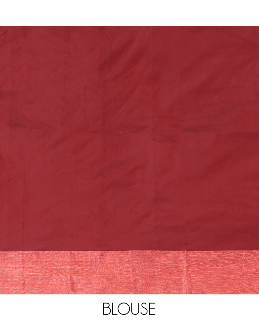 Maroon Arani Saree, Adorned with Floral Zari Buttas, a Contrast Border, Contrast Floral Buttas Pallu, and a Matching Blouse