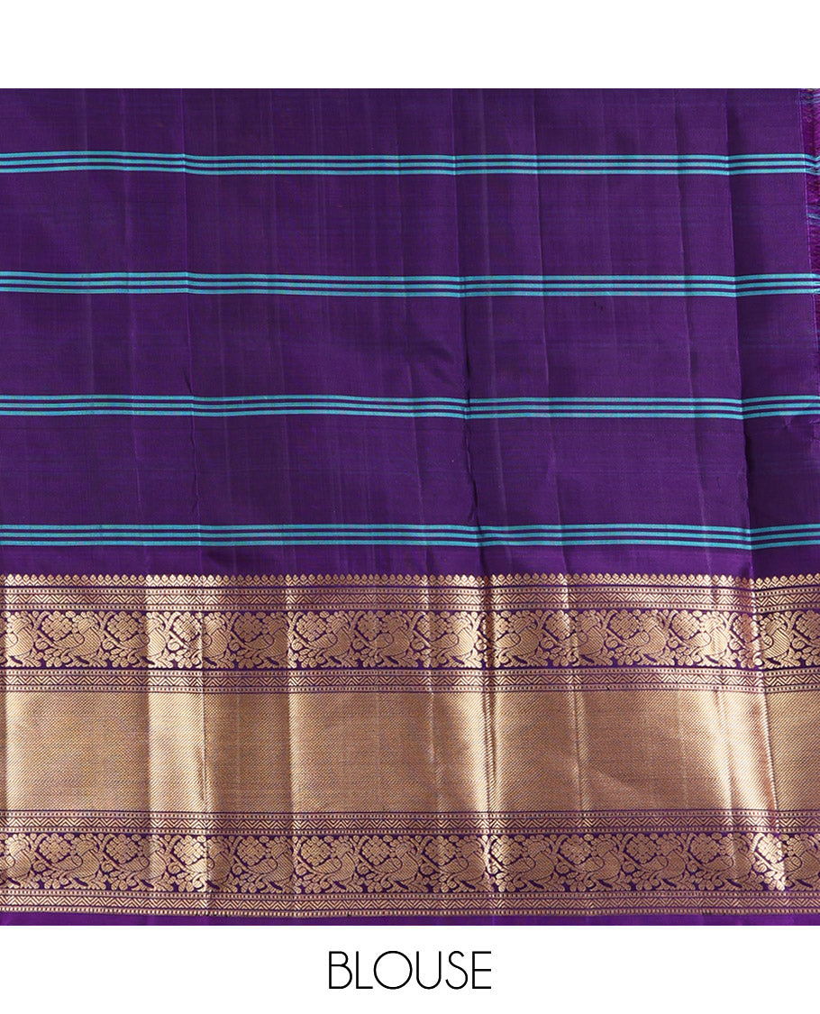 Peach Checked Kanchipuram Silk Saree, Complemented by a Contrast Traditional Border of Mayil Designs, Jaal Pallu, and a Contrast Blouse