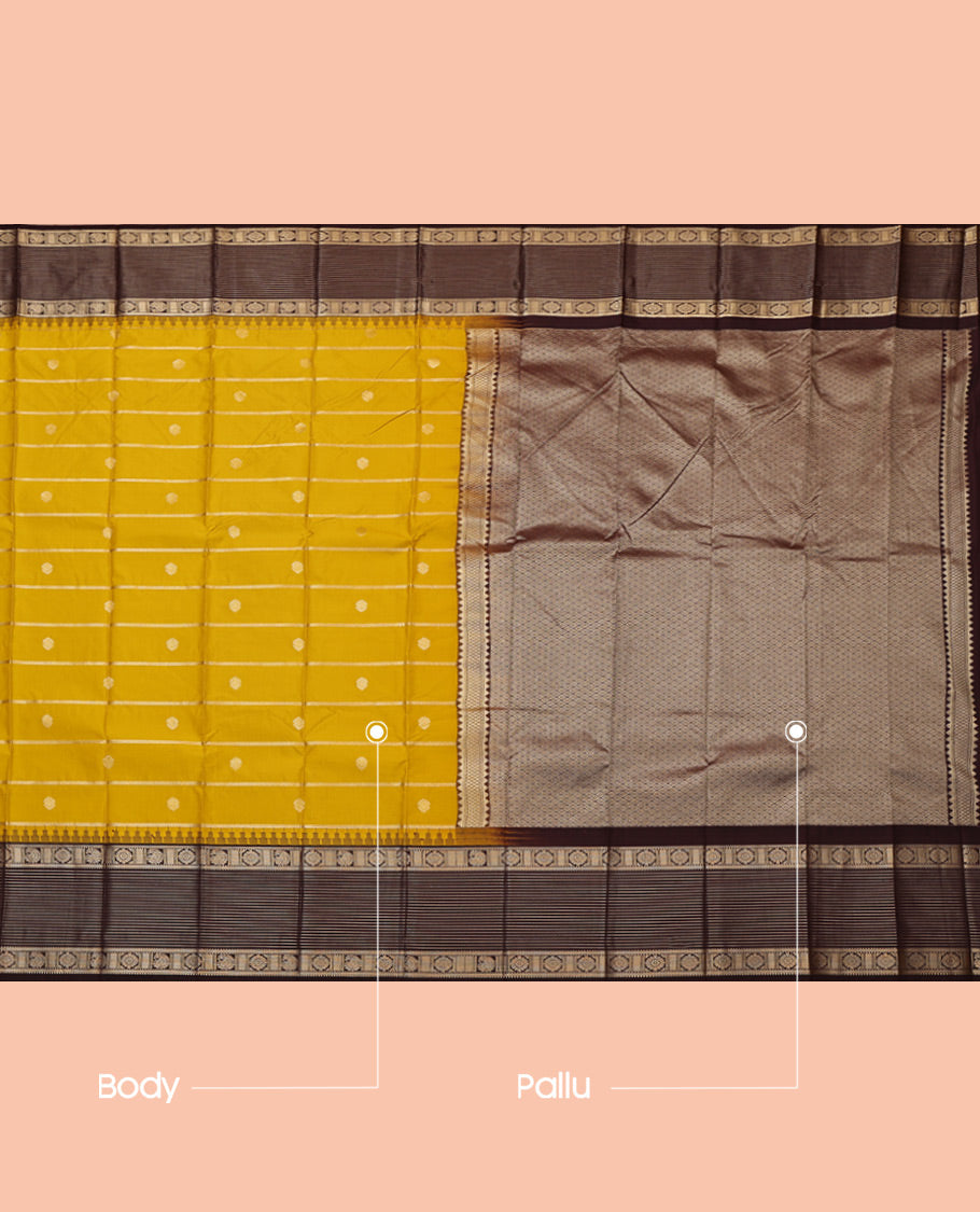 Yellow Budget Silk Saree, Ornamented with Zari Buttas and Stripes, Complemented by a Contrast Traditional Zari Border, Grand Pallu, and a Contrast Blouse