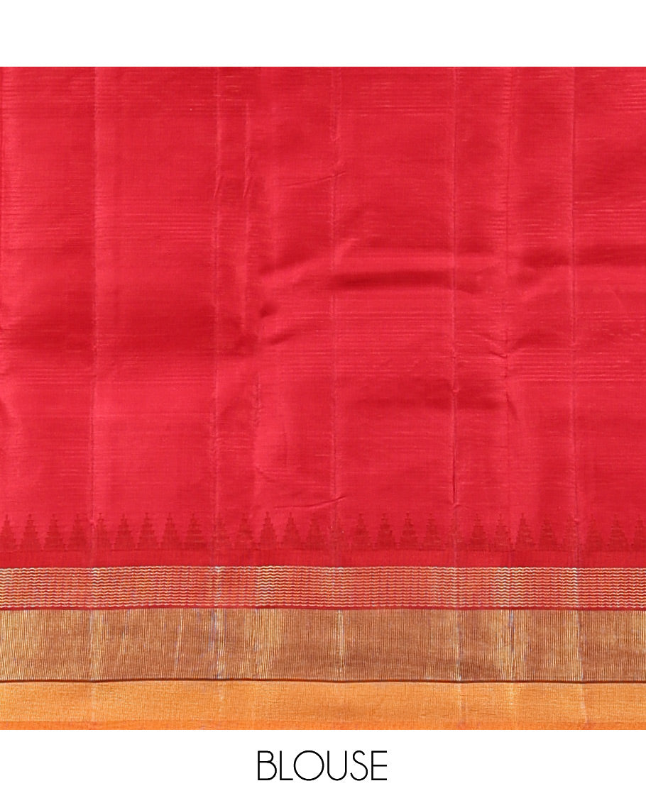 Cream-Striped Bangalore Silk Saree, Complemented by a Contrast Temple Geometric Border, Pallu of Temple and Neli Designs, and a Contrast Blouse