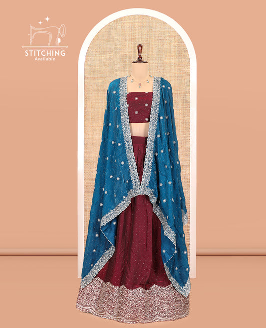 Maroon Velvet Organza Half-Saree with Glitter Work Skirt, Embroidered Border, a Matching Blouse, and Contrast Embroidered Dhavani