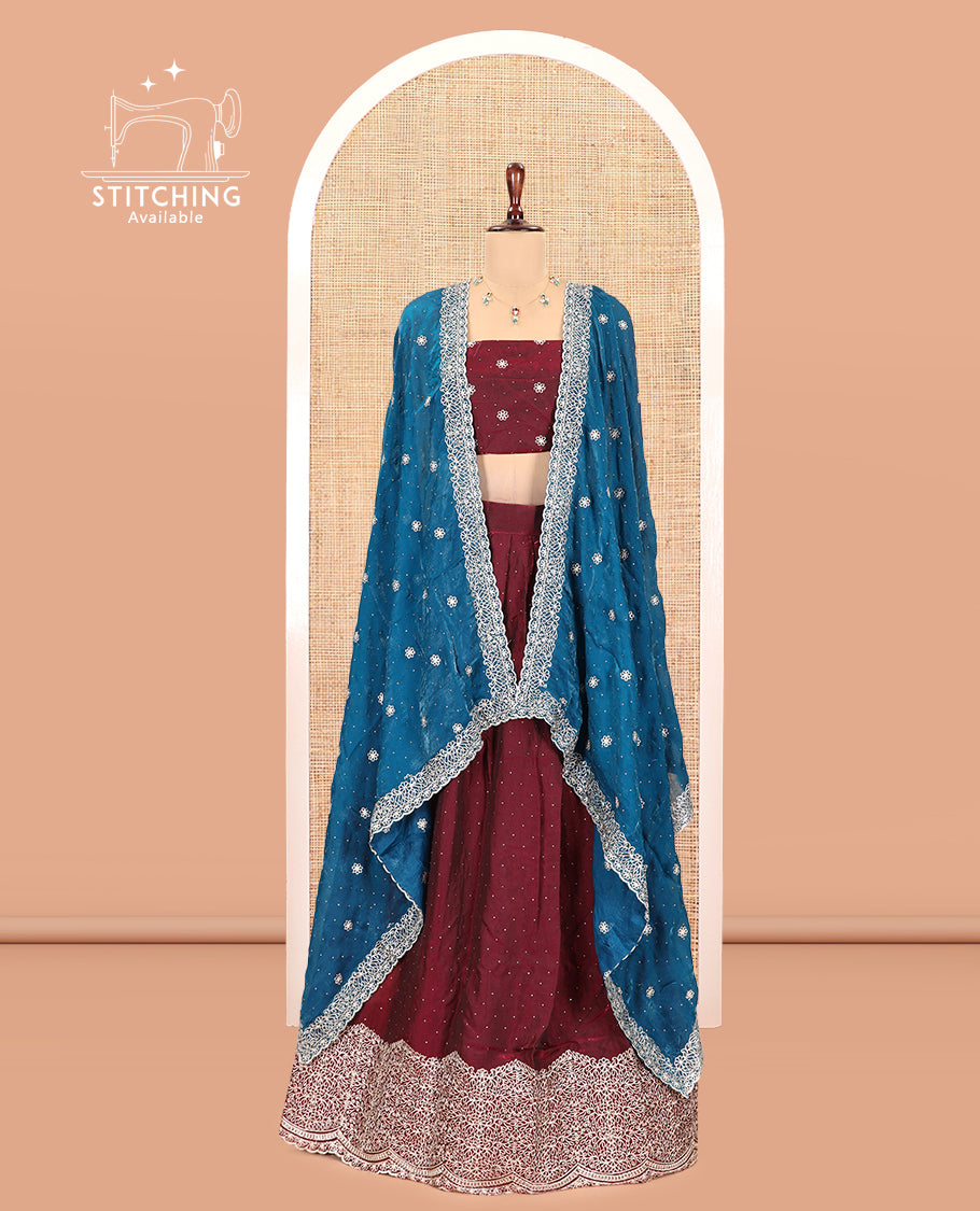 Maroon Velvet Organza Half-Saree with Glitter Work Skirt, Embroidered Border, a Matching Blouse, and Contrast Embroidered Dhavani