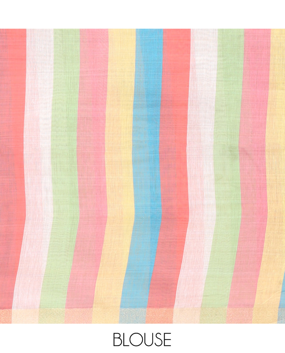 Green Plain Semi-Tussar Saree, a Zari Border, Multi-Colored Striped Pallu, and a Contrast Blouse
