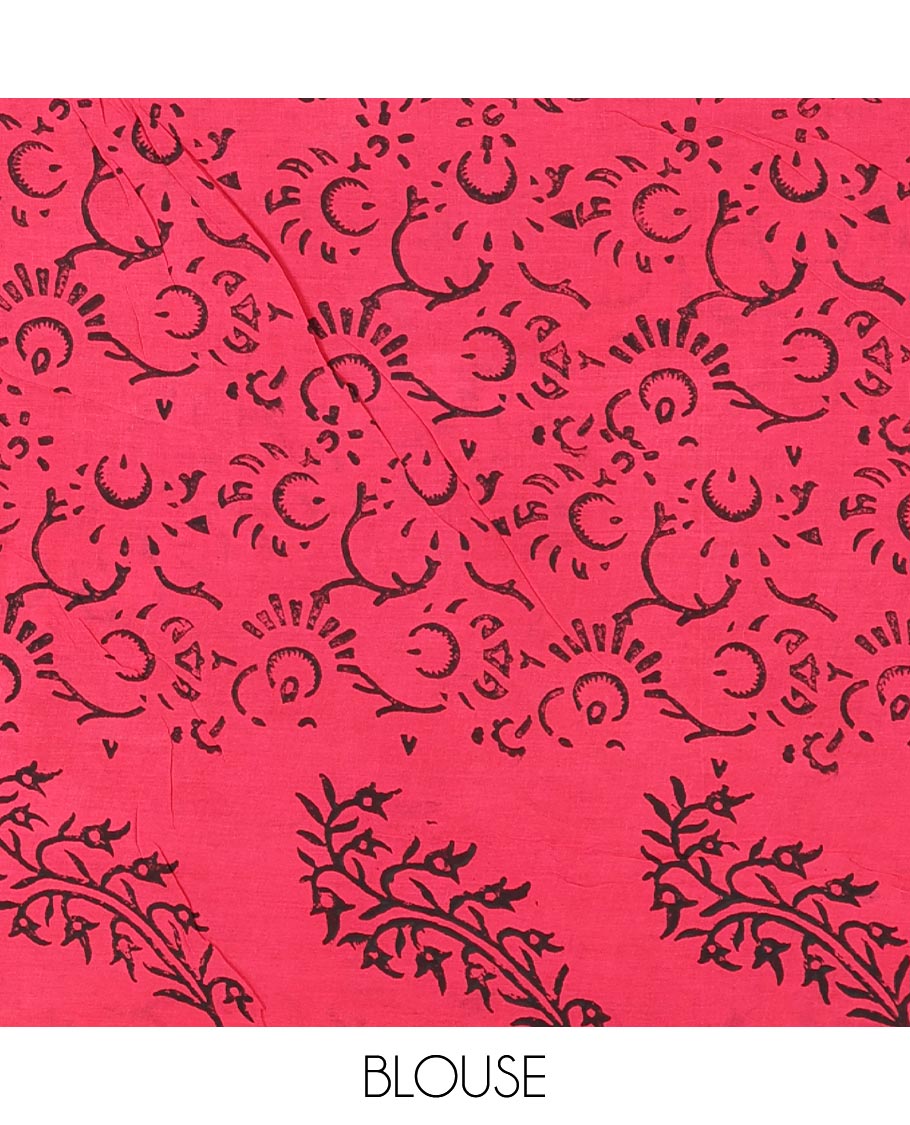 Navy blue paisley motifs block printed mul cotton saree, contrast leaf motifs block printed border, leaf motifs printed pallu, and contrast plain blouse