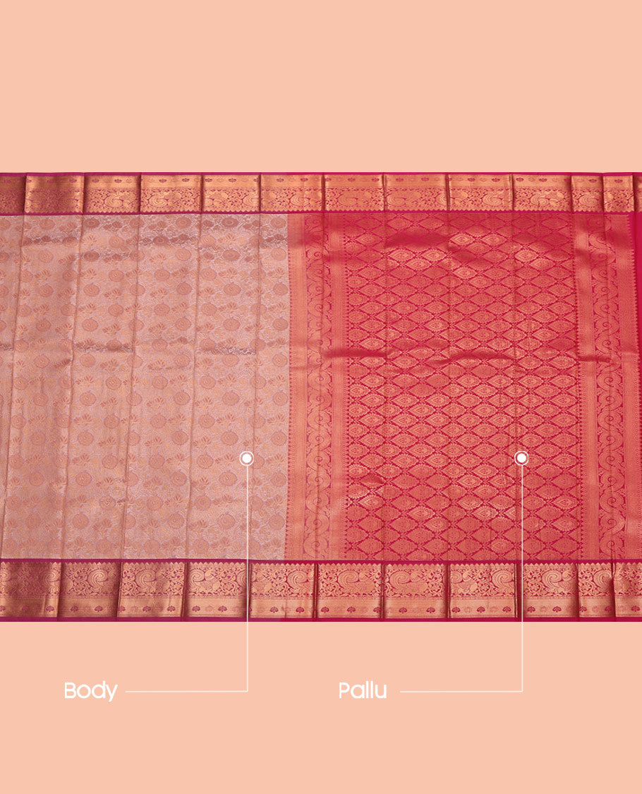 Peach Budget Silk Saree, Finely Crafted with Jacquard, Complemented by Contrast Traditional Zari Border,  Grand Pallu, and a Contrast Blouse