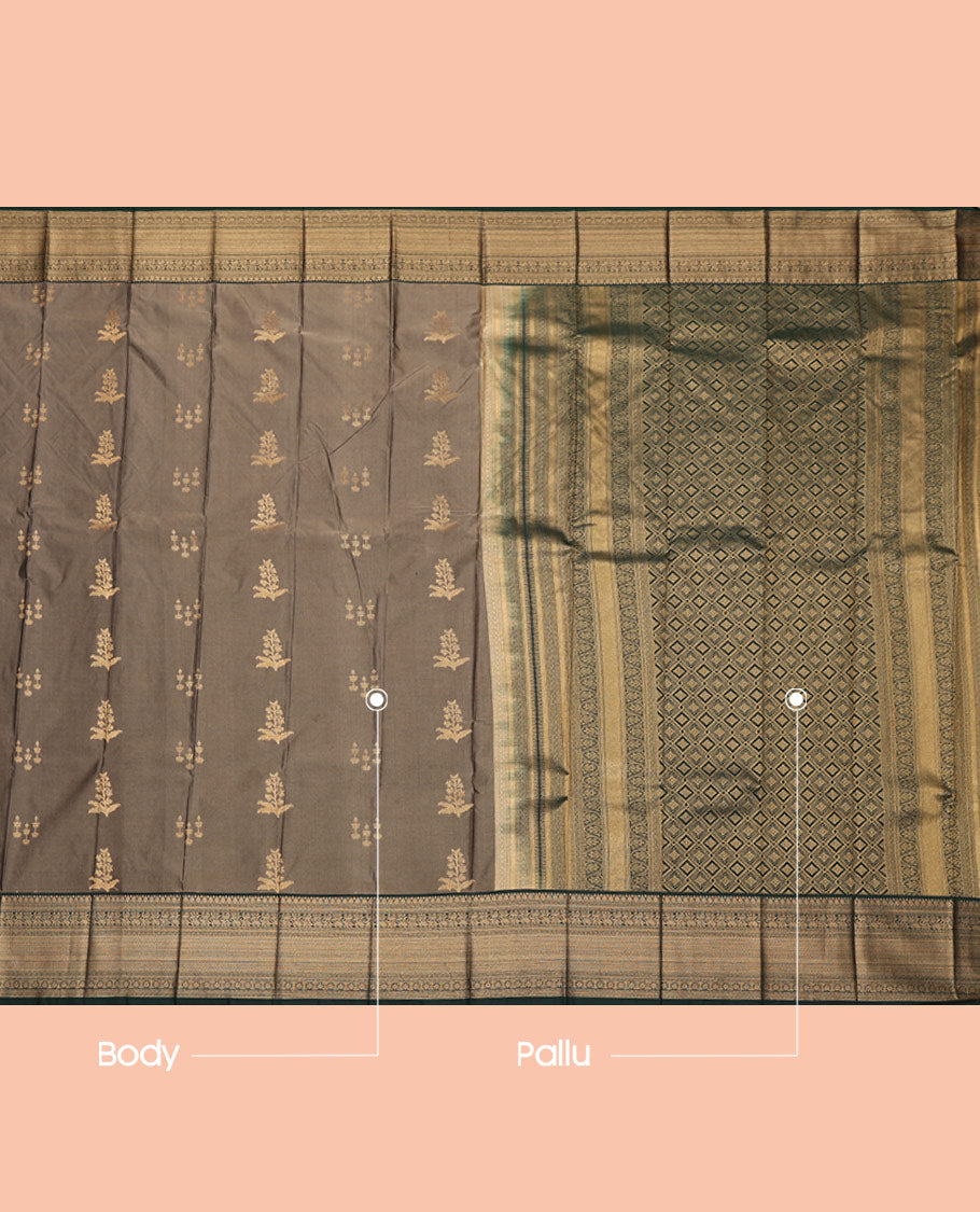 Brown Budget Silk Saree, Detailed with Floral Buttas All Over Its Body, Complemented by a Contrast Traditional Zari Design Border, Grand Jaal Pallu, and Paired with a Contrast Blouse