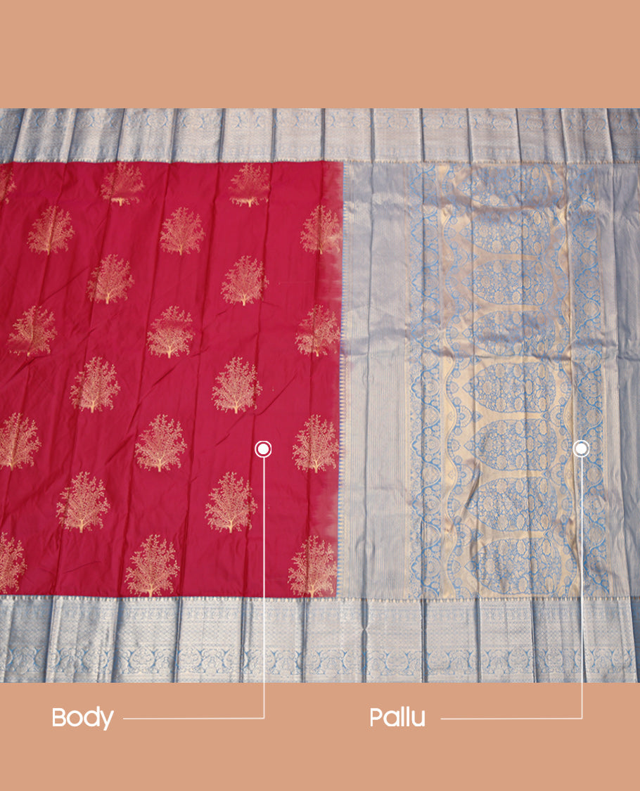 Dark Red Budget Silk Saree, Subtly Sparkled With Zari Buttas, Complemented by Contrast Traditional Zari Border, Grand Pallu and a Contrast Blouse