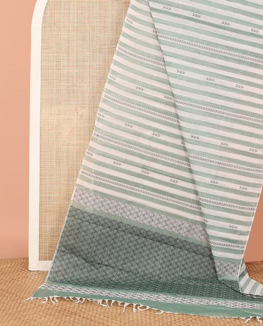 Borderless Off-white and Green  Kanchi Cotton Saree, Woven with Stripes and Buttas All Over Its Body, Intricately Designed Pallu of Geometric Designs, and Paired with a Matching Blouse