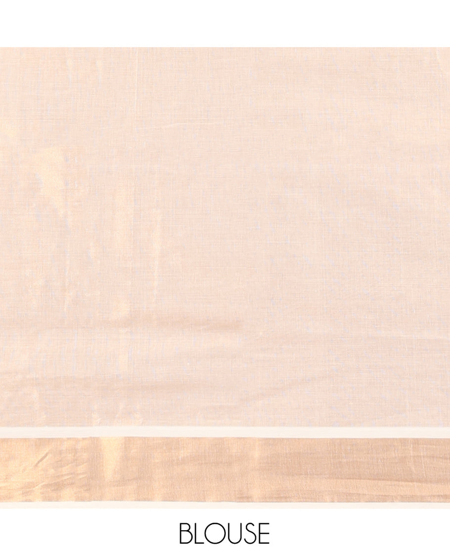 Cream Kerala Cotton Saree, Bedecked with Thread and Zari Buttas All Over Its Body, a Zari Bavanji Border, Pallu of Intricate Designs, and Paired with a Matching Blouse