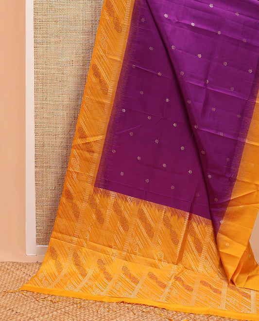 Purple flower motifs mayuri soft silk saree with contrast zari design border & bandhani floral design pallu