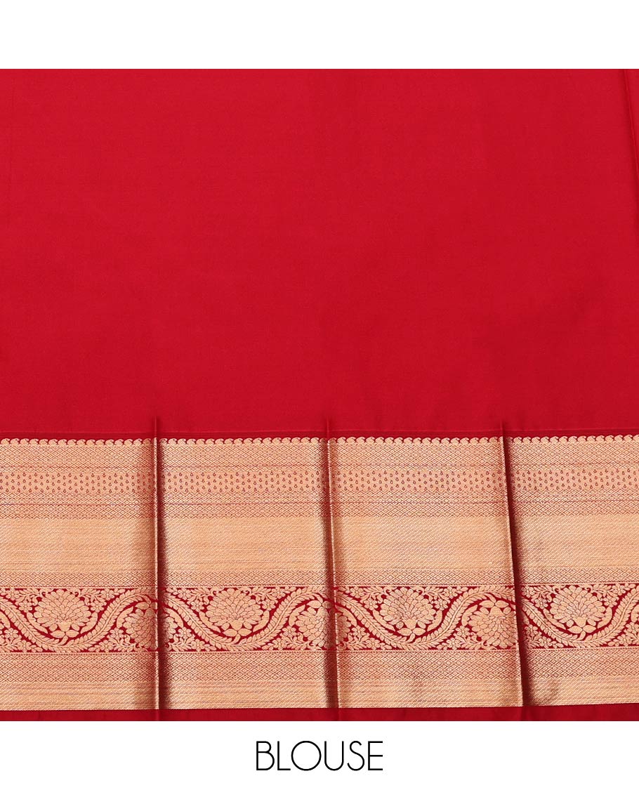Green Budget Silk Saree, Gleamed Up with Zari Buttas on Its Body, Complemented by a Contrast Traditional Zari Border of Floral Creeper Designs, Intricately Designed Pallu, and Paired with a Contrast Blouse