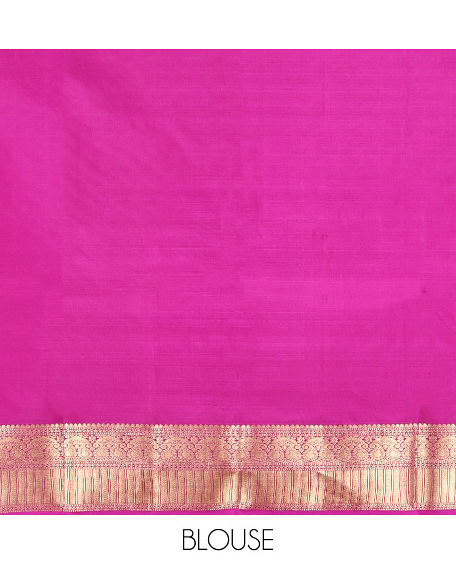 Purple Kanchipuram Silk Saree, Detailed with Chakram and Iruthalai Pakshi Buttas All Over Its Body, Complemented by a Contrast Border of Salngai, Muthu, Neli, Manga, and Kathir Designs, Intricately Designed Pallu, and Paired with a Contrast Blouse