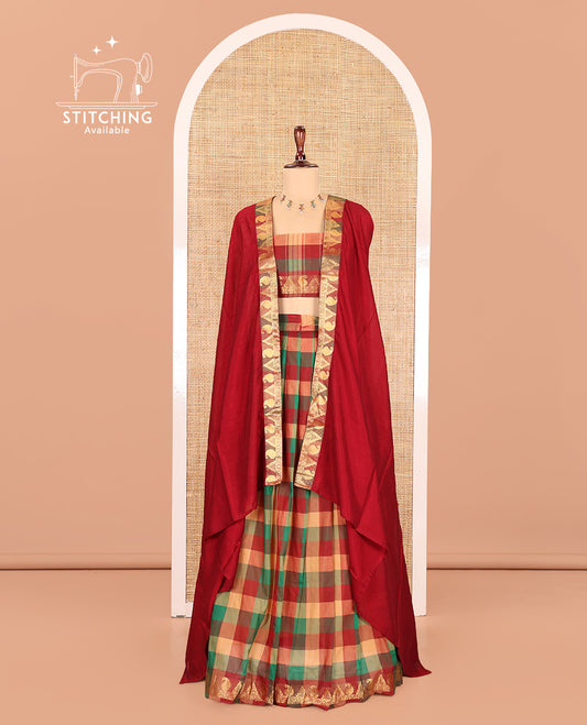 Multi-Color Chettinad Cotton Half Saree Features Checked Skirt, Paisley-Temple Border, Matching Blouse, Contrast Dhavani