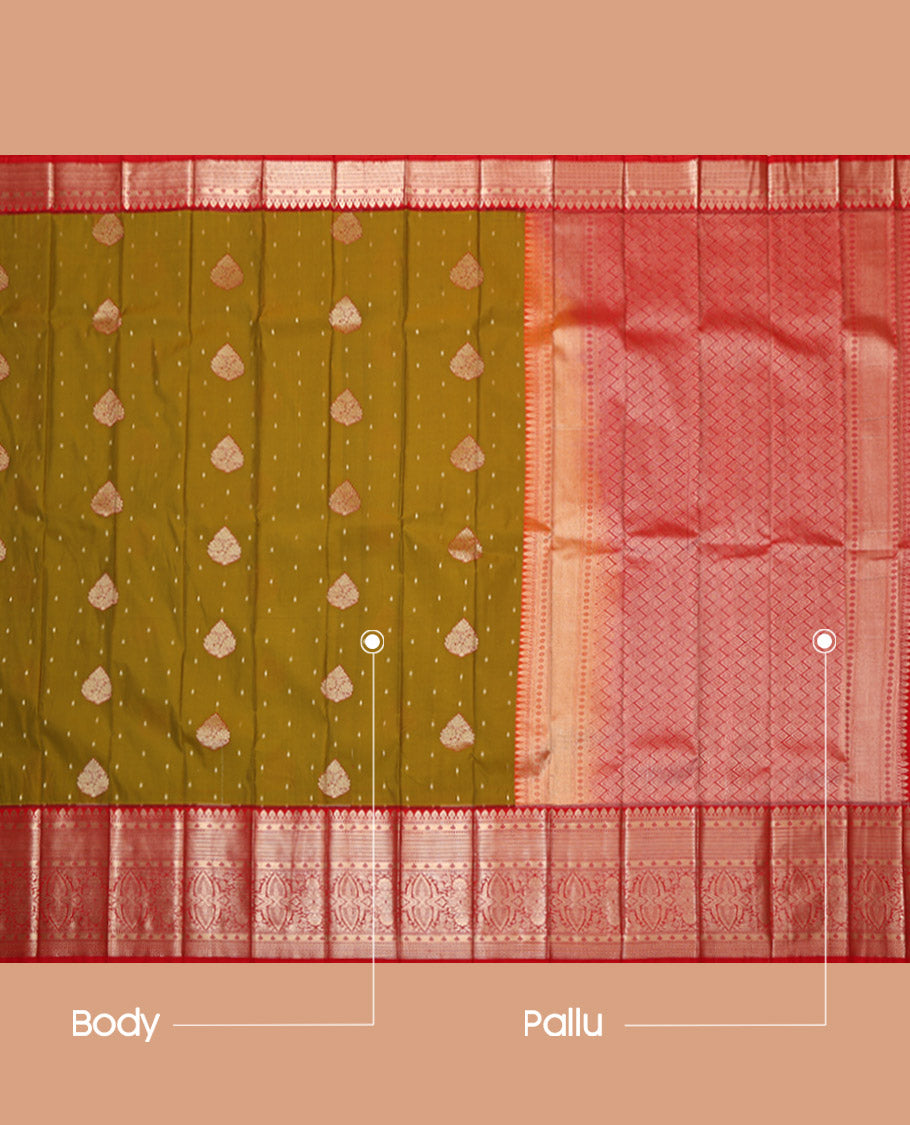 Green Budget Silk Saree, Finely Crafted with Zari Buttas, Complemented by Contrast Traditional Zari Border, Grand Pallu, and a Contrast Blouse