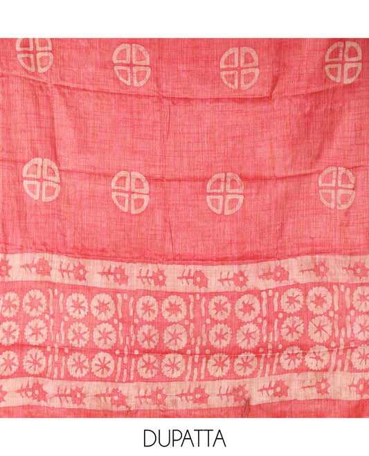Tomato Pink Semi-Silk Khadi Jute Material Chudidar Set