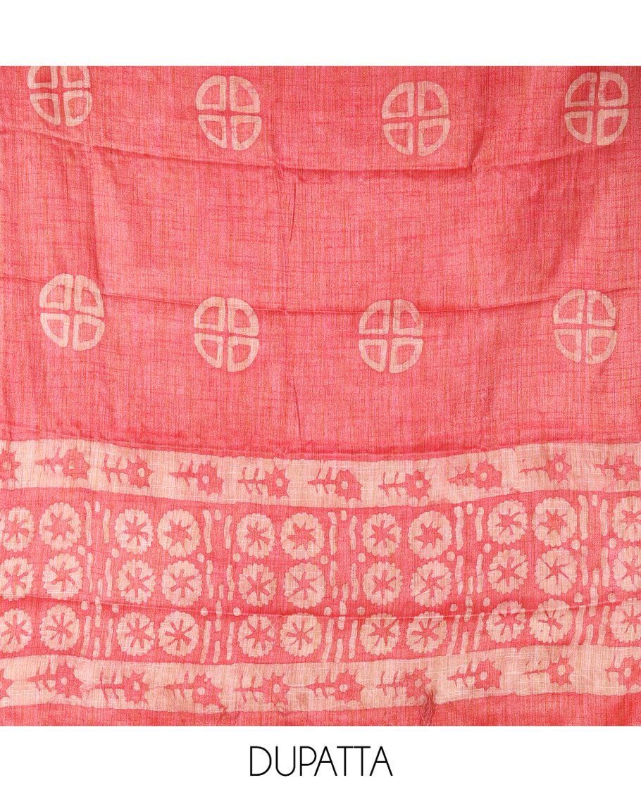 Tomato Pink Semi-Silk Khadi Jute Material Chudidar Set