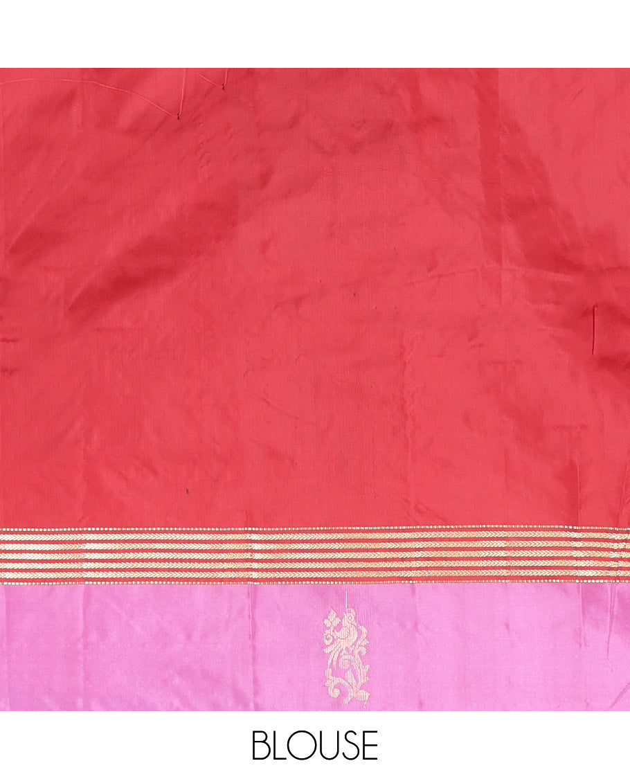 Red Aarani Silk Saree, Detailed with Zari Buttas All Over Its Body, Complemented by a Contrast Peacock Motifs Zari Border, Pallu of Stripes, and Paired with a Matching Blouse