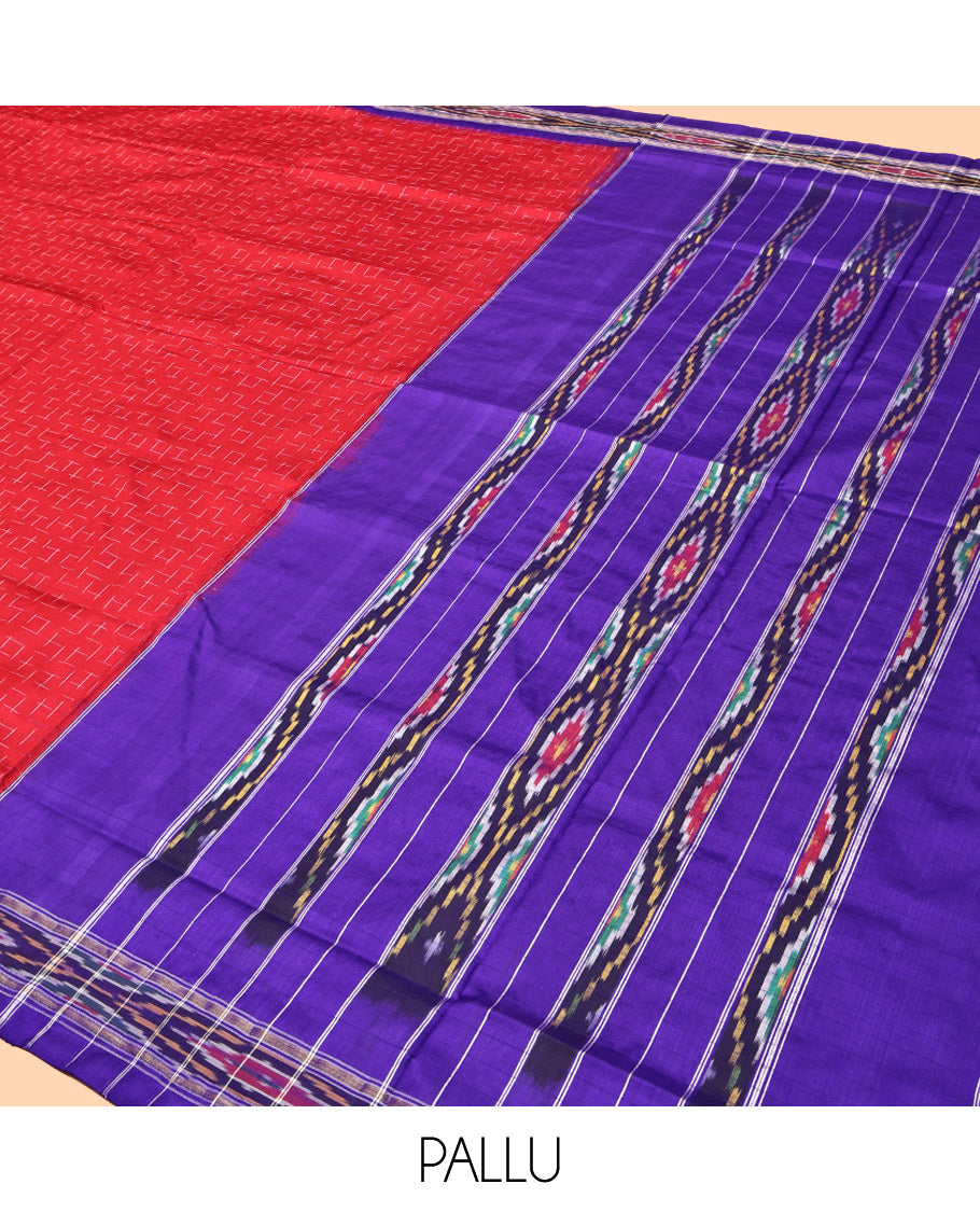 Red Pochampally Ikat Silk Saree, Decked with Geometric Design, Complemented by a Contrast Ikat Border, Ikat-Style Pallu, and No Blouse