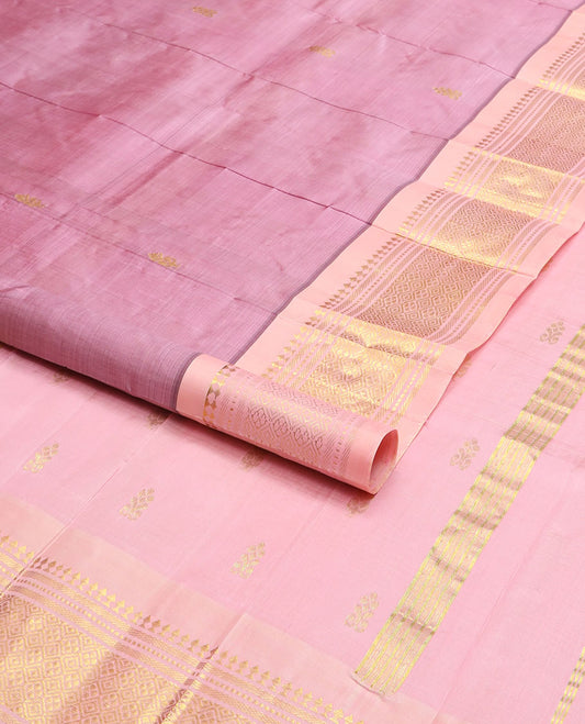 Pink zari buttas kanchipuram silk saree, contrast one-sided border of paneer sombu,banaras,muthu & jaal design & zari design pallu