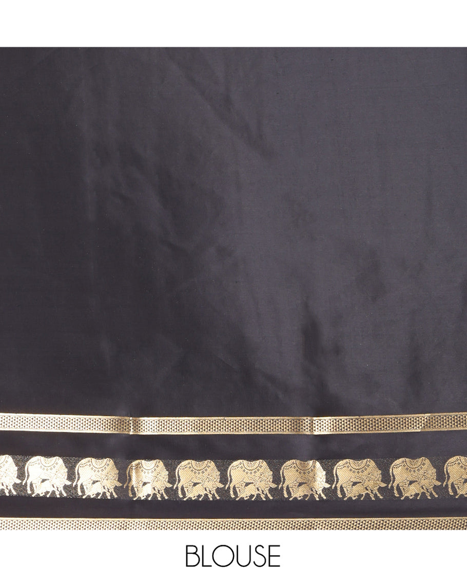 Yellow Mysore Silk Saree, Artfully Detailed with Pichwai Cow Buttas, Complemented by a Contrast Pichwai Cow Zari Border, Pallu Steeped with Pichwai Cows, and a Contrast Blouse