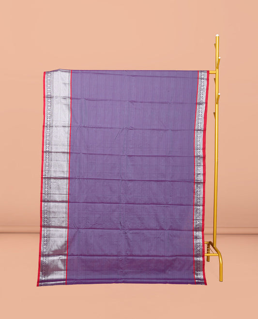 Lavender Striped Narayanpet Cotton Saree, Complemented by a Contrast Traditional Design Border, Striped Pallu, and Comes Without a Blouse