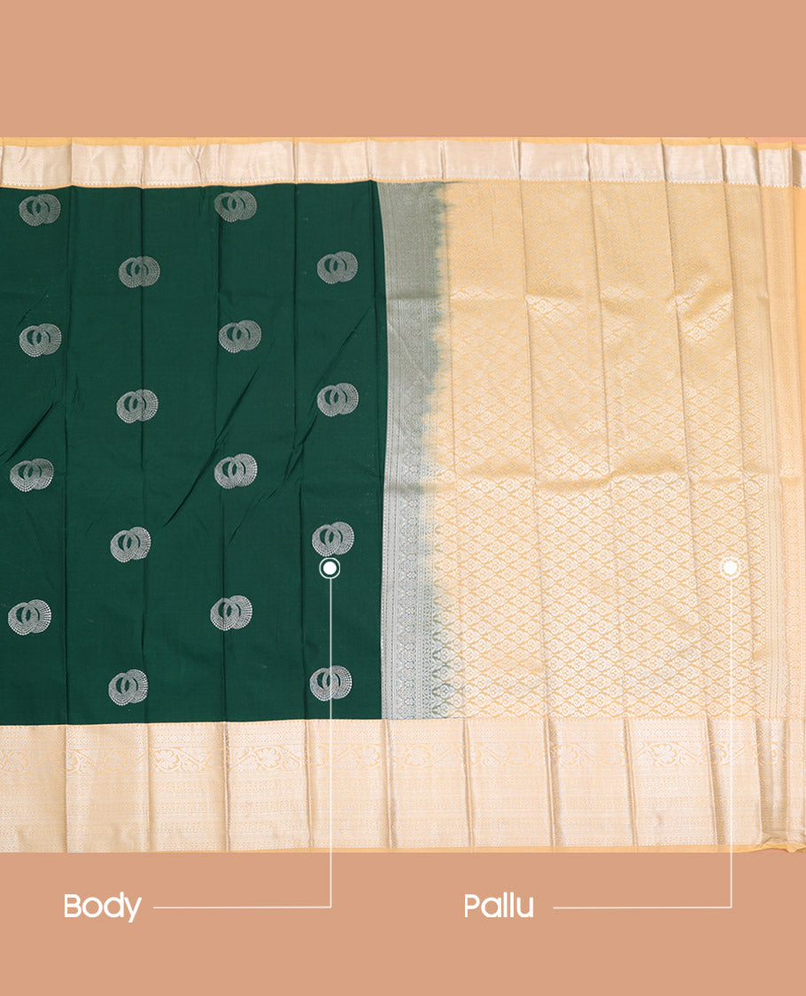 Green Budget Silk Saree, Accentuated with Zari Buttas on Its Body, Complemented by a Contrast Traditional Zari Design Border, Pallu of Jaal Design, and Paired with a Contrast Blouse