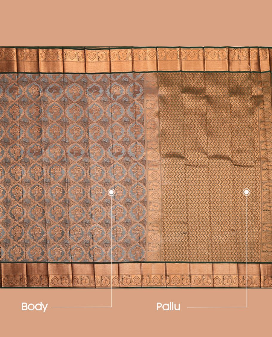 Grey Budget Silk Saree, Elevated with Floral Jacquard Design, Complemented by Contrast Traditional Zari Border, Grand Pallu and a Contrast Blouse