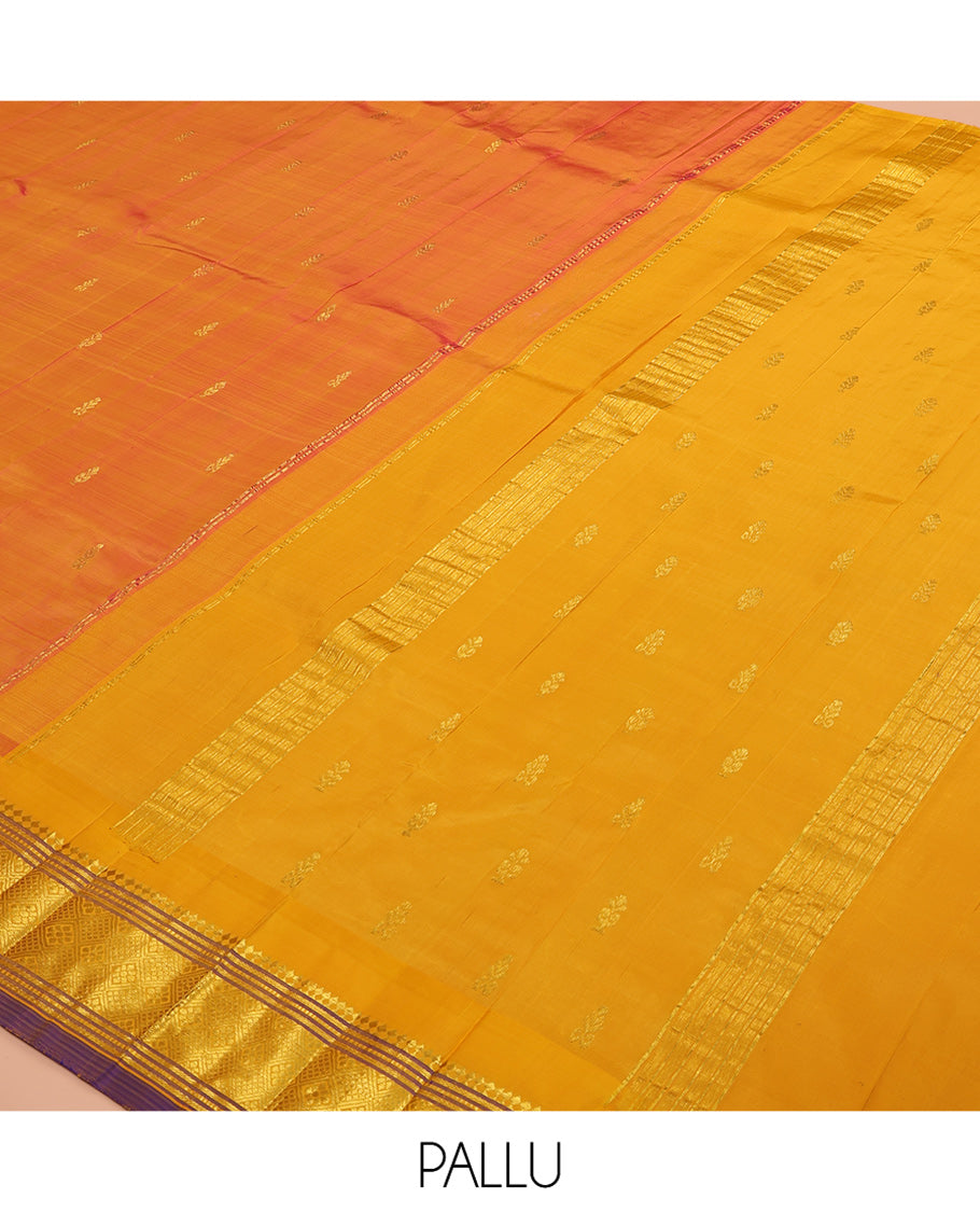 Orange Kanchipuram Silk Saree, Finely Crafted with Zari Buttas, a Contrast One-sided Border of Panner Sombu, Banaras, Muthu, and Jaal Designs, Zari Woven Pallu, and No Blouse