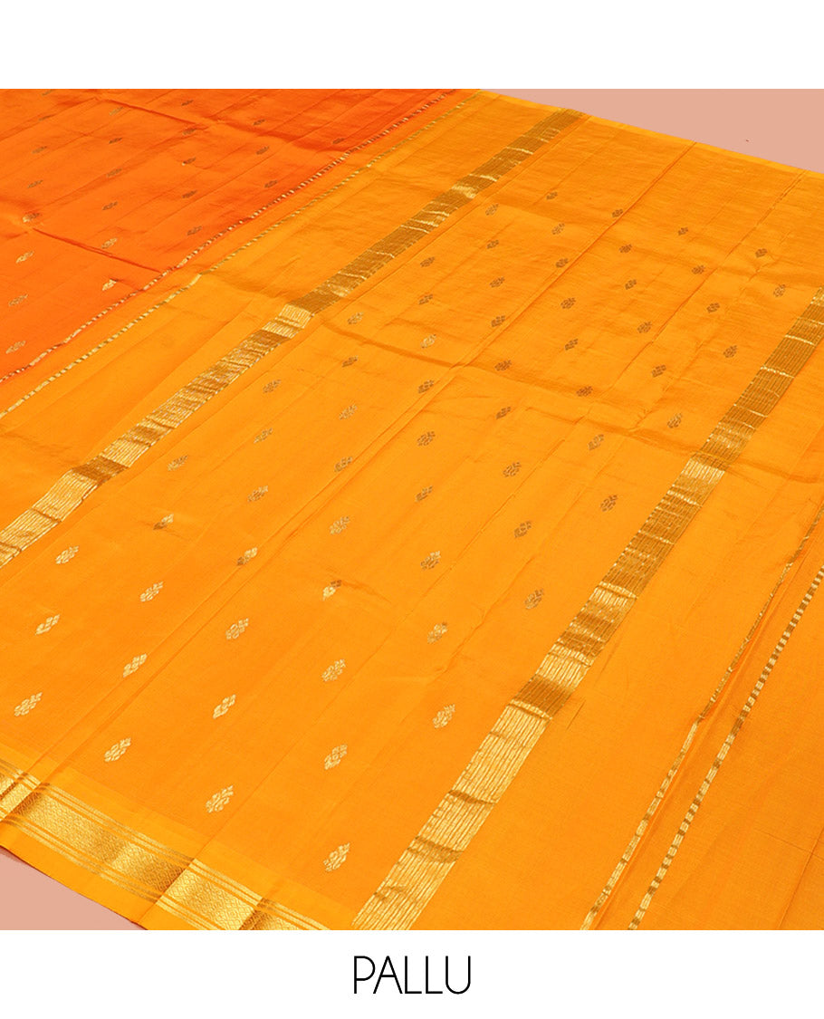 Orange Kanchipuram Silk Saree, Adorned with Zari Buttas, a Contrast One-Sided Border of Banaras, and Jaal Design, Zari-Woven Pallu, and No Blouse