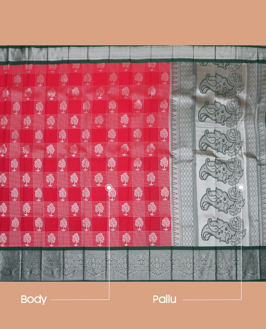 Red Budget Silk Saree, Delicately Woven with Butta Enclosed Checks On Its Body, Complemented by Contrast Traditional Zari Designs Woven Border, Pallu of Paisleys, and Paired with a Contrast Blouse