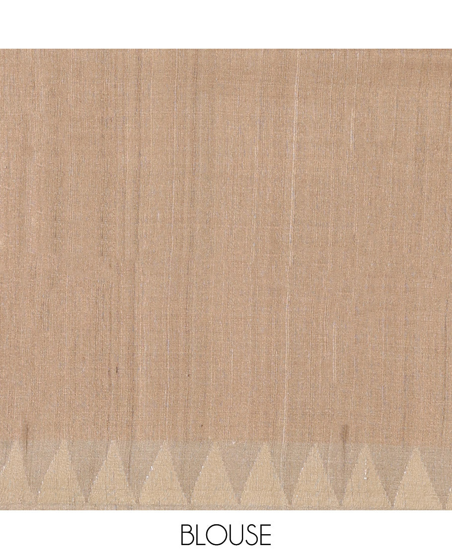 Pale Brown Tussar Silk Saree, Embellished with Floral and Bird Print on Its Body, a Temple Border, Striped Pallu, and Paired with a Matching Blouse