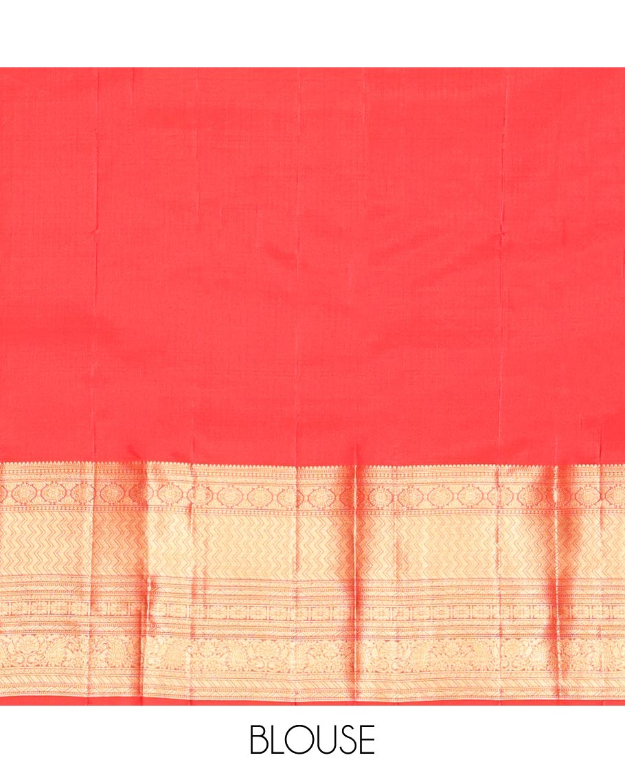 Red Kanchipuram Wedding Silk Saree, Bedecked with Jacquard Design, a Zari Border Steeped with Traditional Designs, Manga Design Pallu, and a Matching Blouse