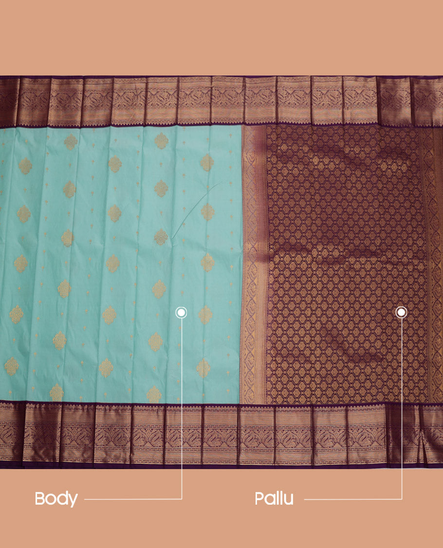 Blue Budget Silk Saree, Sparsely Woven with Zari Buttas, Complemented by a Contrast Traditional Zari Border, Grand Pallu, and Contrast Blouse