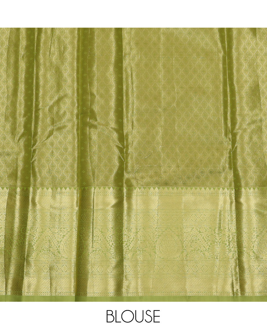 Grey and Green Art Silk Material Half-Saree Set, Woven with Jacquard Design Skirt, Complemented by Captivating Contrast Traditional Zari Designs Woven Border, Paired with a Contrast Blouse and Comes with a Paisley Designs Woven Dhavani