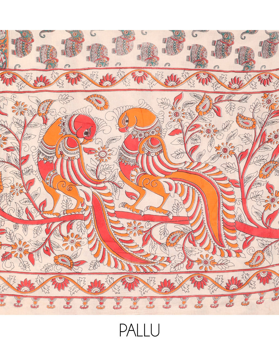 Borderless Sandal Kalamkari Cotton Saree, Decorated with Elephant Motifs Print, Self-Pallu of Peacock Motifs, and a Matching Blouse