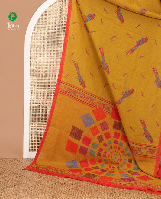 Golden yellow colorful bird motifs digital printed linen cotton saree, contrast piping border & kaleidoscopic-colored pallu of floral creeper & geometric print
