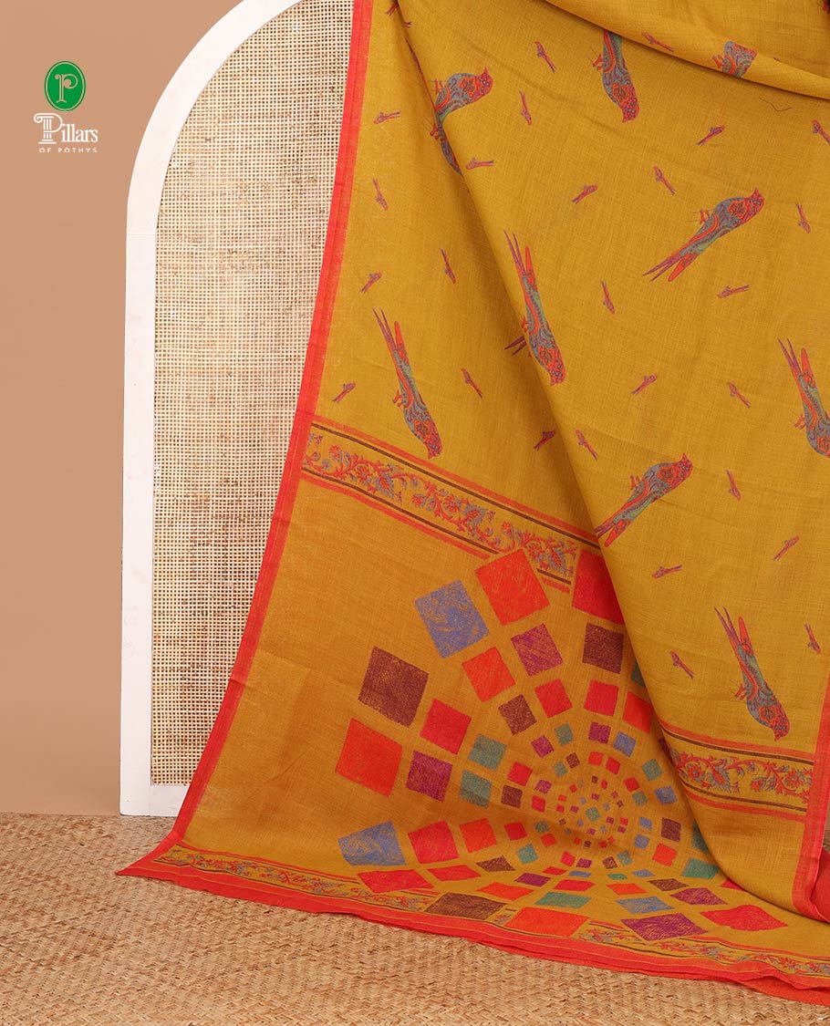 Golden yellow colorful bird motifs digital printed linen cotton saree, contrast piping border & kaleidoscopic-colored pallu of floral creeper & geometric print