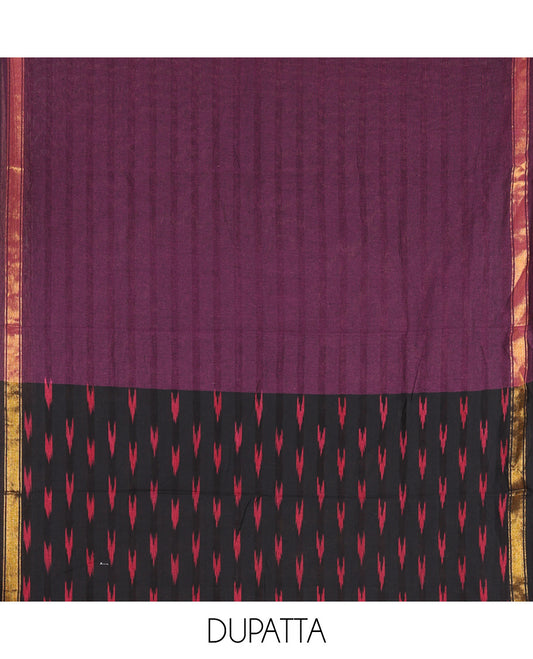 Black-Dark Purple Pure Cotton Saree Material Chudidar Ikat Buttas Top, a Contrast Bottom, and Ikat Buttas Dupatta